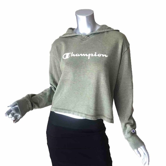 Champion Women's Medium Green Hoodie Cropped Sweatshirt - Picture 1 of 13
